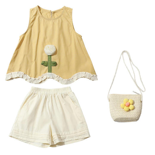 送包包！【鲜花装点，洋气立体花朵】女童洋气立体花朵木耳边套装 2025夏季新款 时尚小女孩洋气三件套-QQ 商品图4