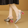 【预售7天】超有质感水晶跟真皮尖头粗跟银色浅口后空凉鞋CX&CX3696-2 商品缩略图1