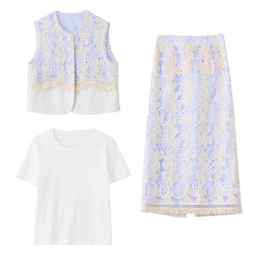 小香风蕾丝套装裙夏季轻奢高级感复古刺绣马甲半身裙气质三件套YQH9210 商品图4