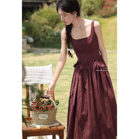 鹿向南  「夏日欢歌」气质女连衣裙红色无袖背心A字方口领夏季长裙
