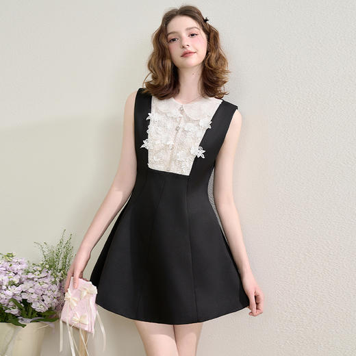 西遇黑色花领无袖连衣裙女新款a字法式收腰短袖裙子SS150080 商品图0
