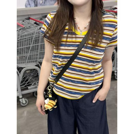 2025新品  佳佳同款【黄桃罐头】撞色条纹短袖上衣时尚百搭宽松圆领遮肉舒适 商品图1