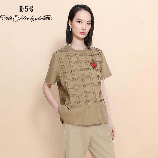 RSG郭培成衣品牌短袖女夏绗缝网格高级感棉质宽松减龄T恤上衣 商品图0