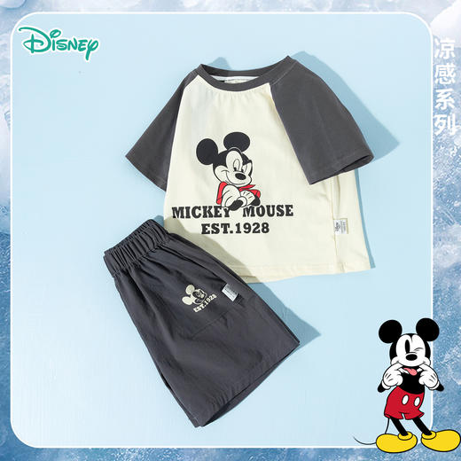 迪士尼【撞色插肩袖凉感套装】夏季新款男童冰感米奇T恤短袖短裤两件套ZD2ET017 商品图4