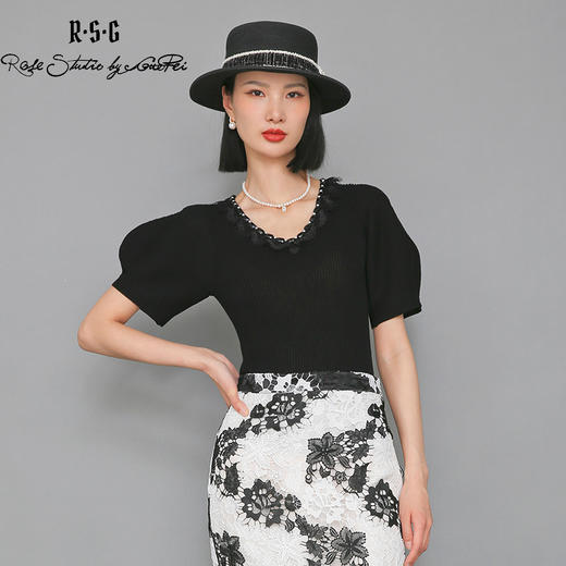 RSG郭培成衣品牌泡泡袖V领坑条修身显瘦短款针织衫夏季新款 商品图3