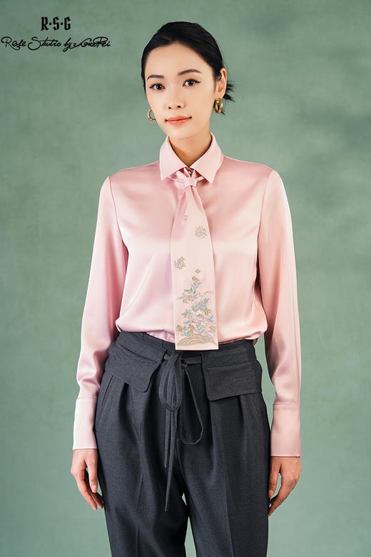 郭培成衣品牌精品系列兰花铜钱刺绣领带双门襟衬衫 商品图5