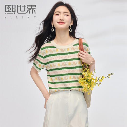 熙世界甜美风提花条纹针织衫女夏季薄款短袖亚麻冰丝上衣夏日穿搭 商品图0