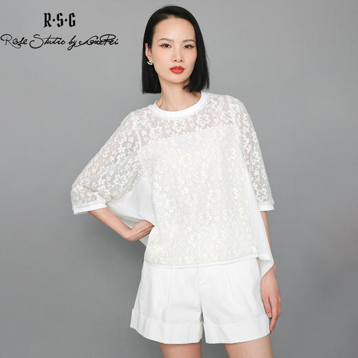 RSG郭培成衣品牌设计感蝙蝠衫廓形蕾丝拼接浪漫T恤衫 商品图3