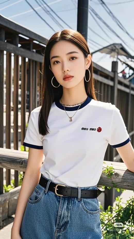 巨显瘦~miu mi*缪缪帆船刺绣标圆领短袖 ，明星同款撞色拼接领口袖口25ss春夏复古时尚短袖T恤 商品图3