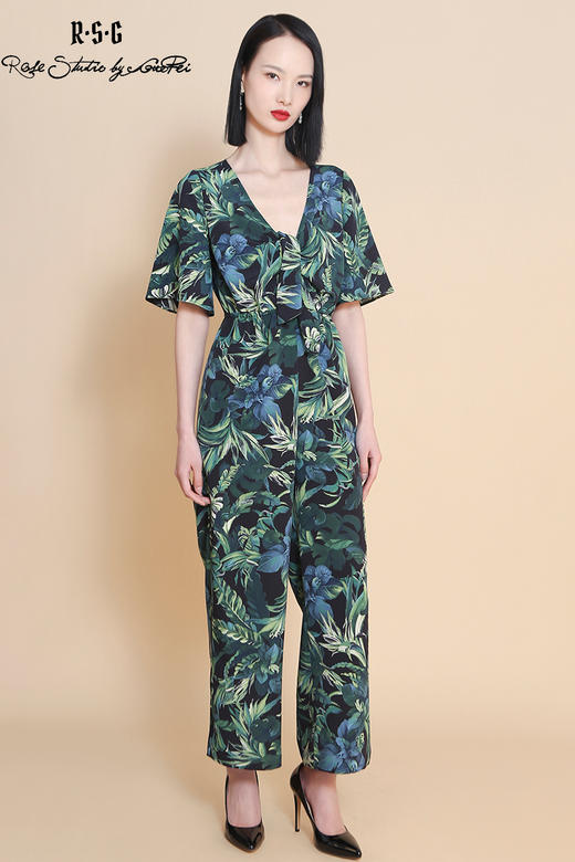 RSG郭培成衣品牌度假风丛林印花V领阔腿连体裤 商品图5