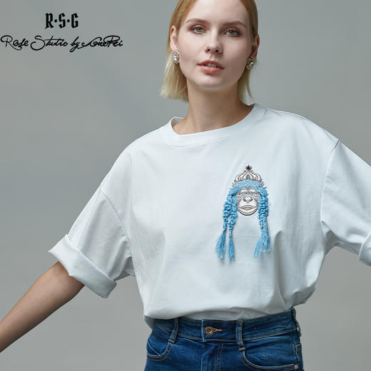 RSG郭培成衣品牌圆领长发猴子印花短袖女夏薄款刺绣纯棉女装 商品图1
