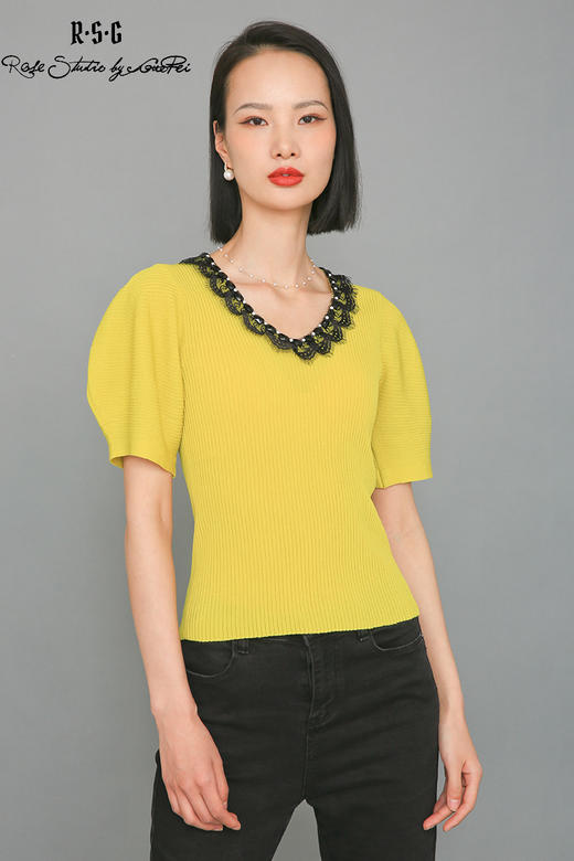 RSG郭培成衣品牌泡泡袖V领坑条修身显瘦短款针织衫夏季新款 商品图5