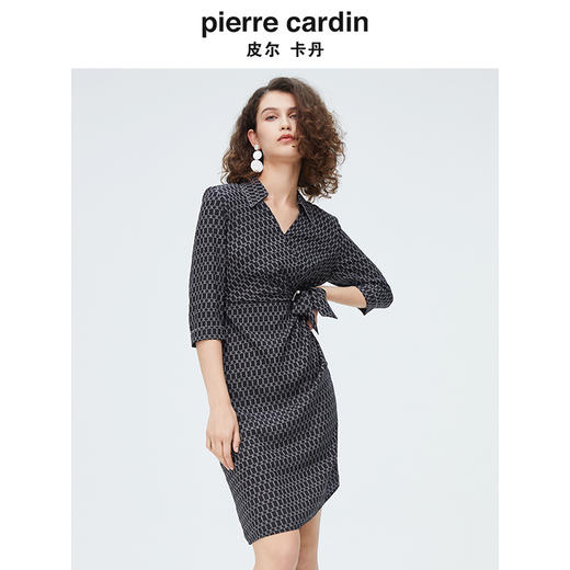 [皮尔卡丹女装]春季新款藏蓝色假两件法式连衣裙 商品图3