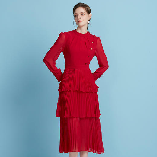 EITIE爱特爱轻礼服压褶蛋糕裙高腰立领长袖连衣裙2025秋新款B2507686 商品图3