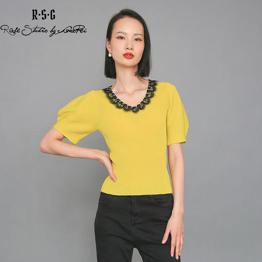 RSG郭培成衣品牌泡泡袖V领坑条修身显瘦短款针织衫夏季新款 商品图1