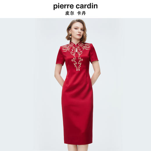 [皮尔卡丹女装]连衣裙春秋蓝花色V领中长款碎花大摆裙 商品图4