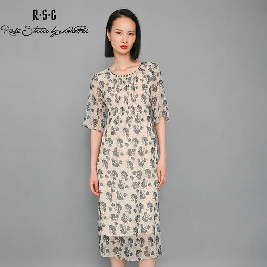 RSG郭培成衣品牌法式复古花纹连衣裙显瘦减龄长裙 商品图3