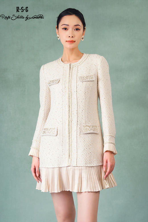 郭培成衣品牌精品系列中式千金风珍珠亮片粗花呢连衣裙 商品图5