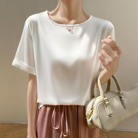 奥伊米 缤纷夏日仿真丝卷边圆领纯色丝滑短袖T恤