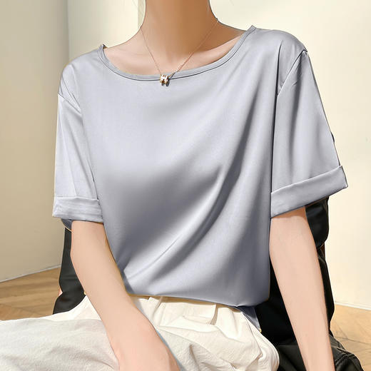奥伊米 缤纷夏日仿真丝卷边圆领纯色丝滑短袖T恤 商品图2