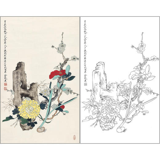俞致贞花鸟工笔画白描底稿《玉堂富贵》临摹勾线高清打印稿ZZ89 商品图0