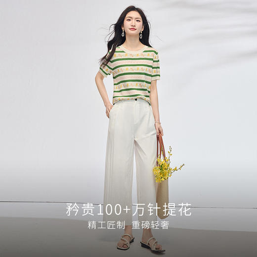 熙世界甜美风提花条纹针织衫女夏季薄款短袖亚麻冰丝上衣夏日穿搭 商品图2