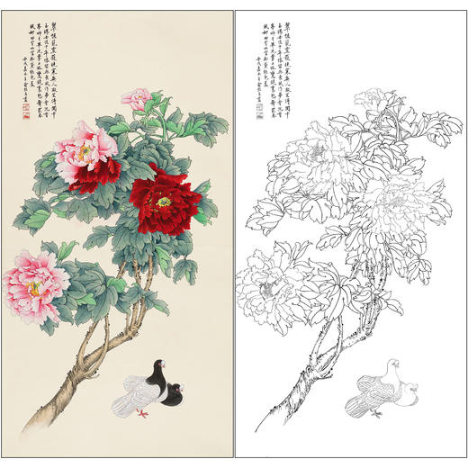 俞致贞花鸟工笔画白描底稿《牡丹双鸽》临摹勾线高清打印稿ZZ81 商品图0