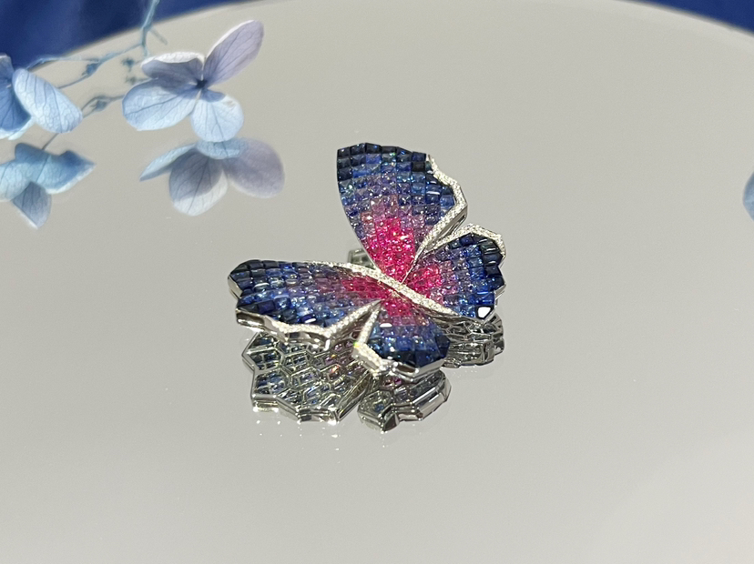 「蝴蝶」 彩色蓝宝石钻石隐形镶嵌胸针
