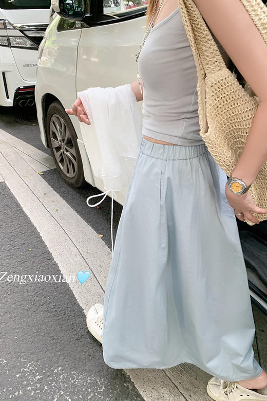 【149元任选2件】现货！韩系温柔蓝色松紧腰宽松A字半身裙or罩衫2件套 商品图6