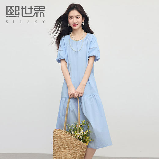 【专属特价】熙世界法式灯笼袖蓝色连衣裙女夏季2025新款通勤休闲圆领a字长裙 商品图0