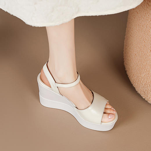 【预售5天】头层牛皮夏新款厚底沙滩坡跟女凉鞋高跟防水台舒适松糕鞋RLJR&D380 商品图1