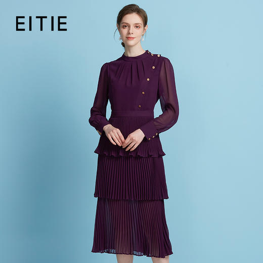 EITIE爱特爱轻礼服压褶蛋糕裙高腰立领长袖连衣裙2025秋新款B2507686 商品图1