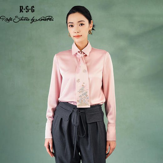 郭培成衣品牌精品系列兰花铜钱刺绣领带双门襟衬衫 商品图0