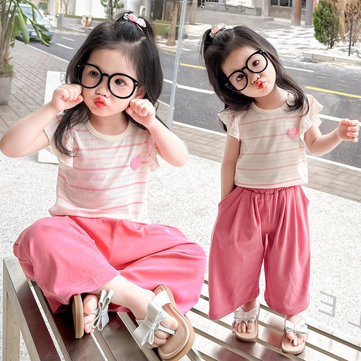 【小飞袖设计，洋气爱心套装~】女童飞袖爱心套装 2025夏季新款 时尚小女孩洋气两件套 中小儿童夏装-QQ 商品图0