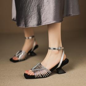 【预售5天】新款真皮方头粗跟编织气质优雅时尚百搭露趾凉鞋女夏MX&mx89815