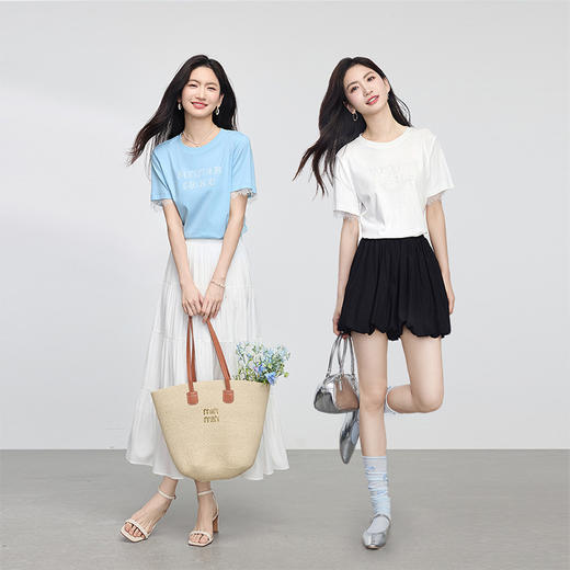 【专属特价】熙世界重工刺绣字母T恤夏季别致设计蕾丝拼接短袖圆领体恤上衣 商品图2