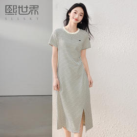 【专属特价】熙世界通勤休闲风条纹连衣裙女夏季2025年新款短袖气质开叉长裙子