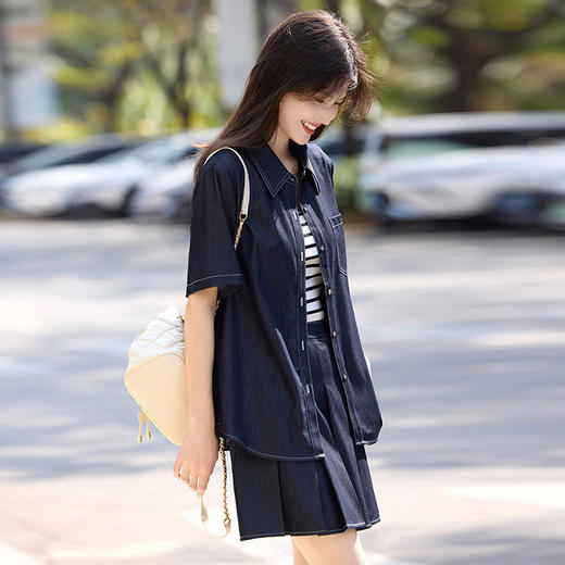 熙世界复古丹宁仿天丝软牛仔外套百褶半身裙两件套装女2025夏新款 商品图3