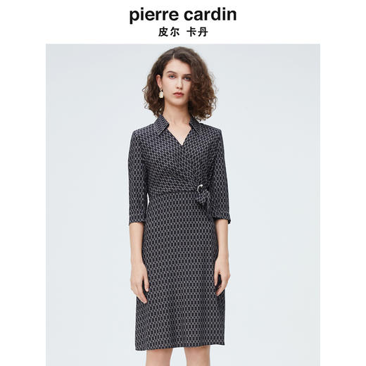 [皮尔卡丹女装]春季新款藏蓝色假两件法式连衣裙 商品图0