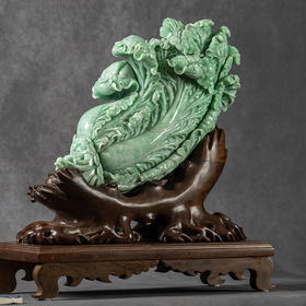 翡翠“百财”大白菜摆件（红木座）