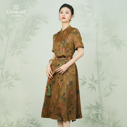 【东兰梨花图】【香云纱】乔万尼19mm珍珠缎100%桑蚕丝旗袍连衣裙EM2E722 商品图1