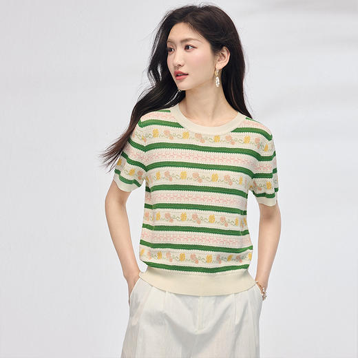熙世界甜美风提花条纹针织衫女夏季薄款短袖亚麻冰丝上衣夏日穿搭 商品图4