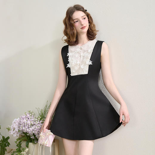 西遇黑色花领无袖连衣裙女新款a字法式收腰短袖裙子SS150080 商品图4