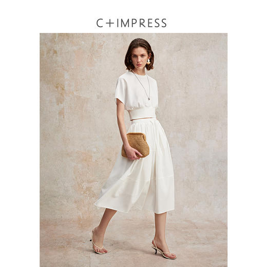 南法假日醋酸仿麻拼接罗纹简约短上衣/分割设计伞裙2025夏T2502018 商品图1