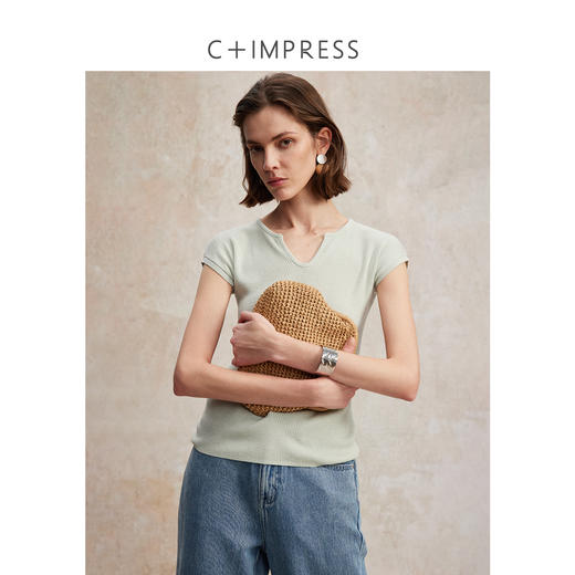 百搭v领纯色羊毛混纺针织气质修身T恤2025夏T2502093 商品图3