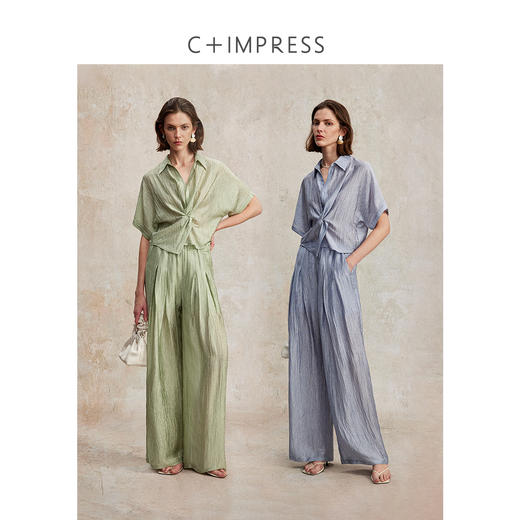 C+IMPRESS/西嘉欧若风醋酸鎏光感阔腿裤扭结衬衫套装女夏季新款CS2502080 商品图0