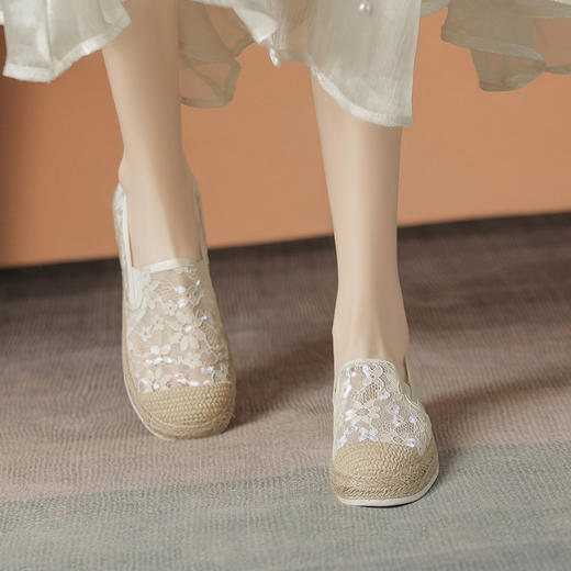 ZHR渔夫鞋女新款夏季2025小香风蕾丝平底单鞋网面透气商场同款 商品图2