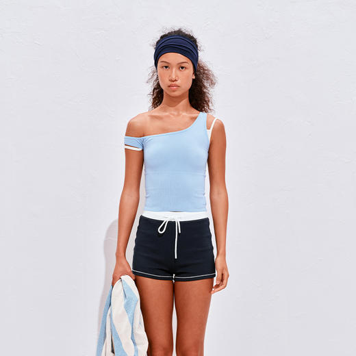 NUTH撞色斜肩假两件弹力针织吊带上衣女 商品图4