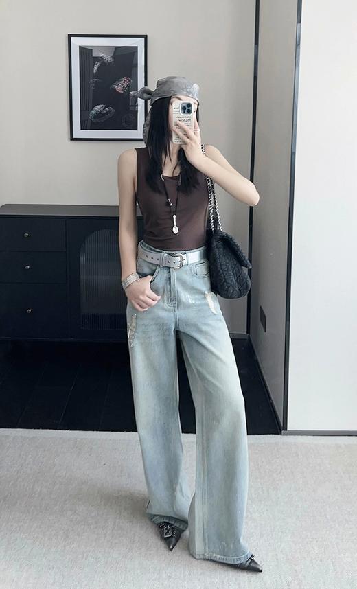 美洋春夏款海盐气泡丹宁回潮直筒小阔腿牛仔裤 商品图5