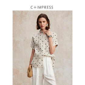 C+IMPRESS/西嘉南法假日博主风全亚麻衬衫女夏季波点短袖宽松衬衣CS2502072